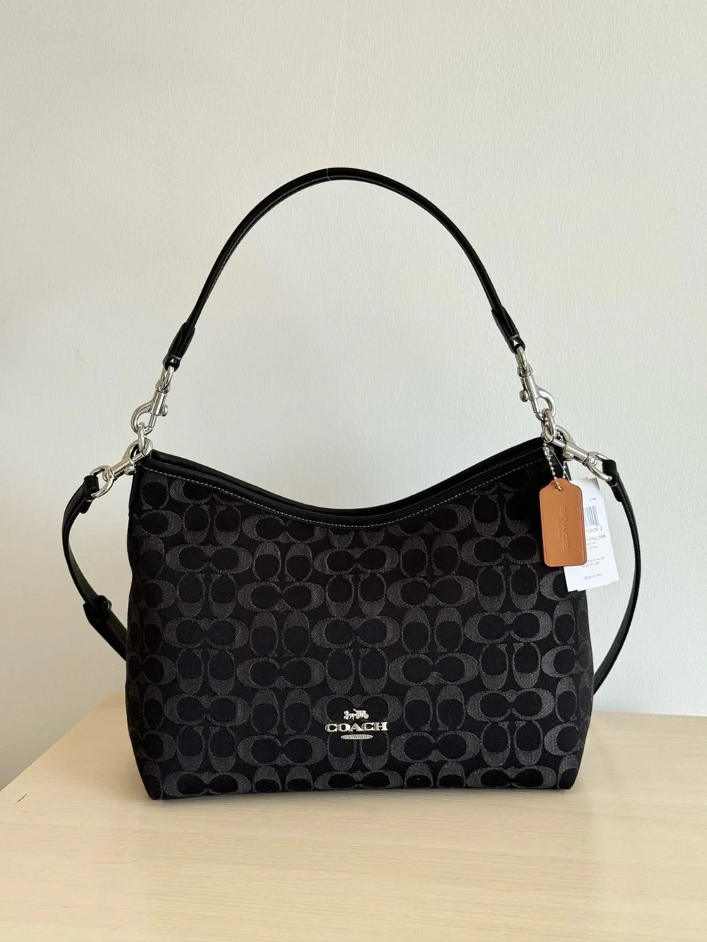Coach Black Signature Jacquard Shoulder Bag with Tan Tag